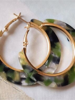 Gold Hoop Earrings with Green Tortoiseshell Accent